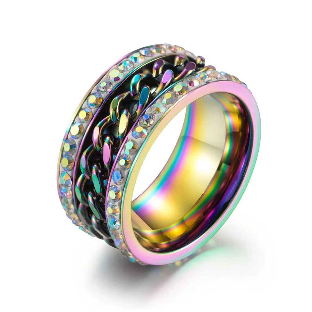 Мужское кольцо из нержавеющей стали вращающееся с разноцветными вставками