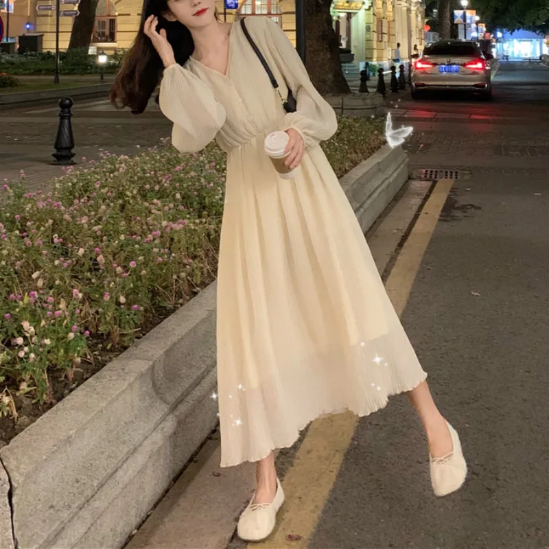 

2021 New Elegant Pleated Dresses Women Spring Autumn Fashion Female Long Sleeve Printed Floral Casual Chiffon Dress Vestido