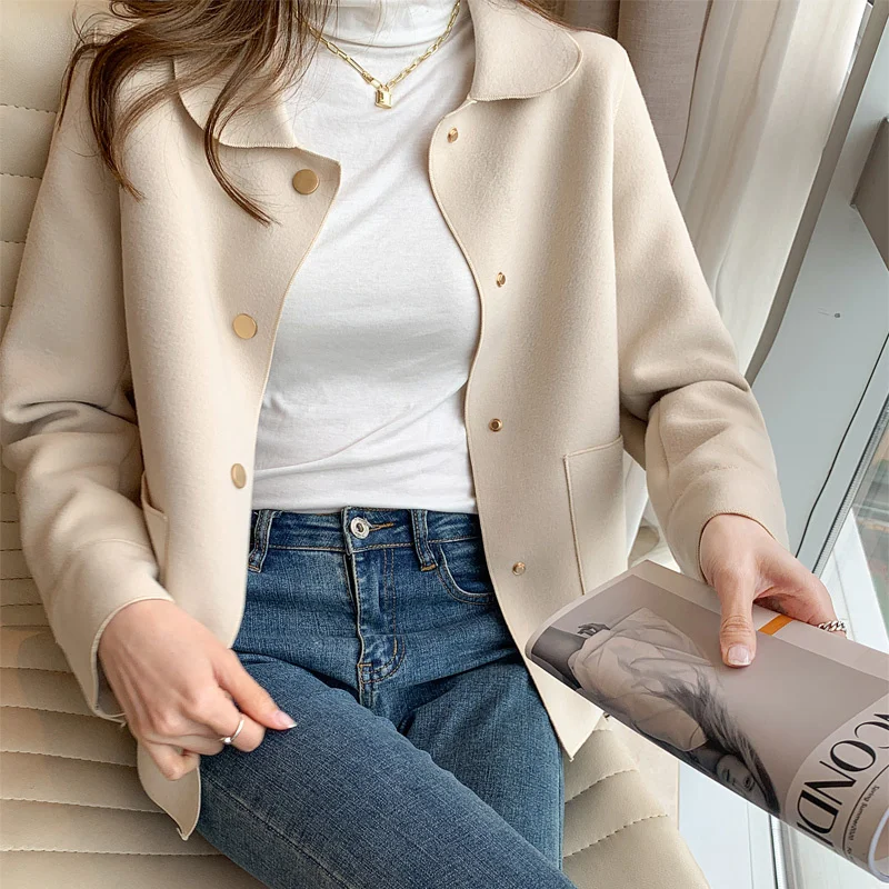 

Winter Women Fashion Long Sleeve Turn-down Collar Solid Single Breasted Wool Coat Casual High Street Outwear Jacket Outfit 2021