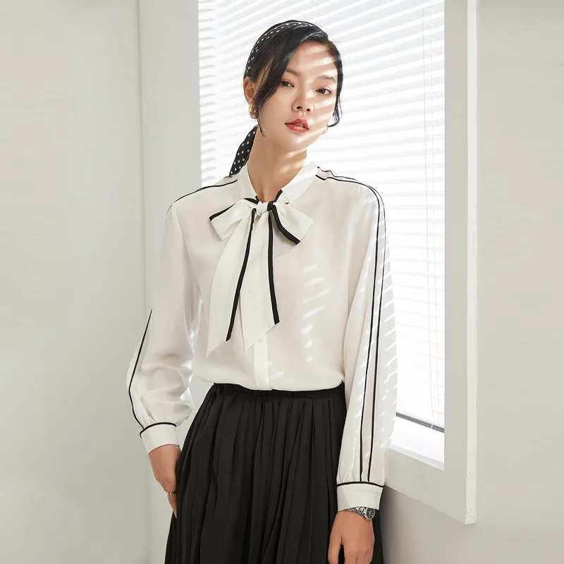 

[New product] Jin Ju spring and summer new ribbon contrast color elegant silk 100% silk shirt women