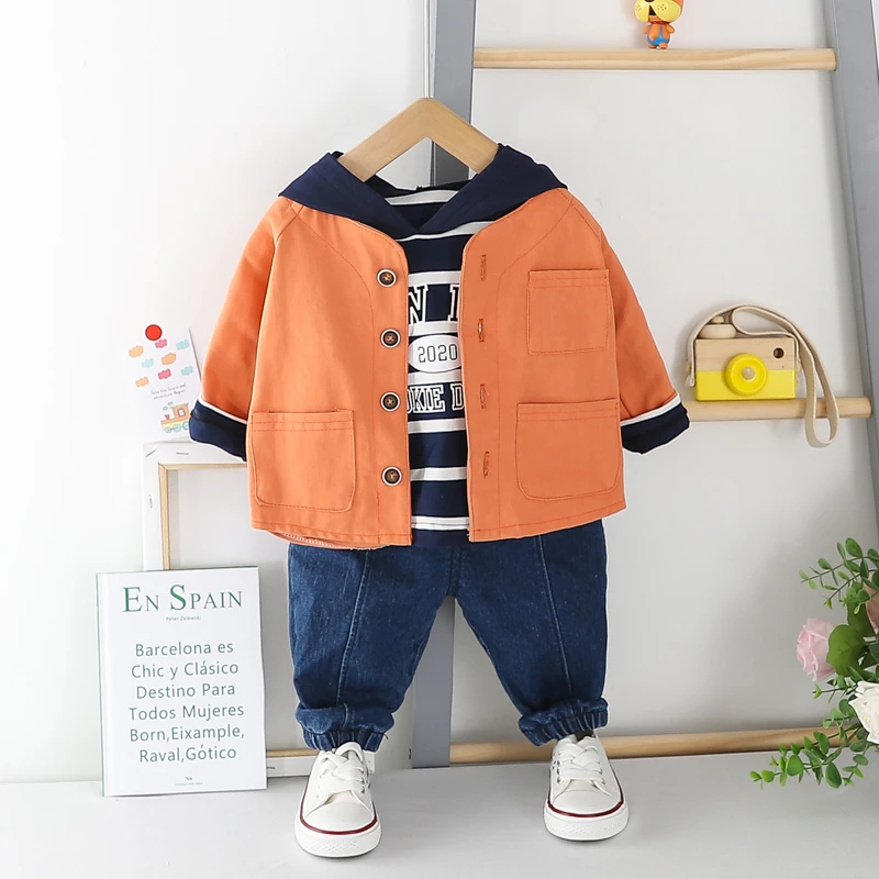 HYLKIDHUOSE Toddler Infant Clothing Sets 2020 Spring Baby Boys Casual Clothes Stripe Hooded T Shirt Coats Jeans 3-piece Set |
