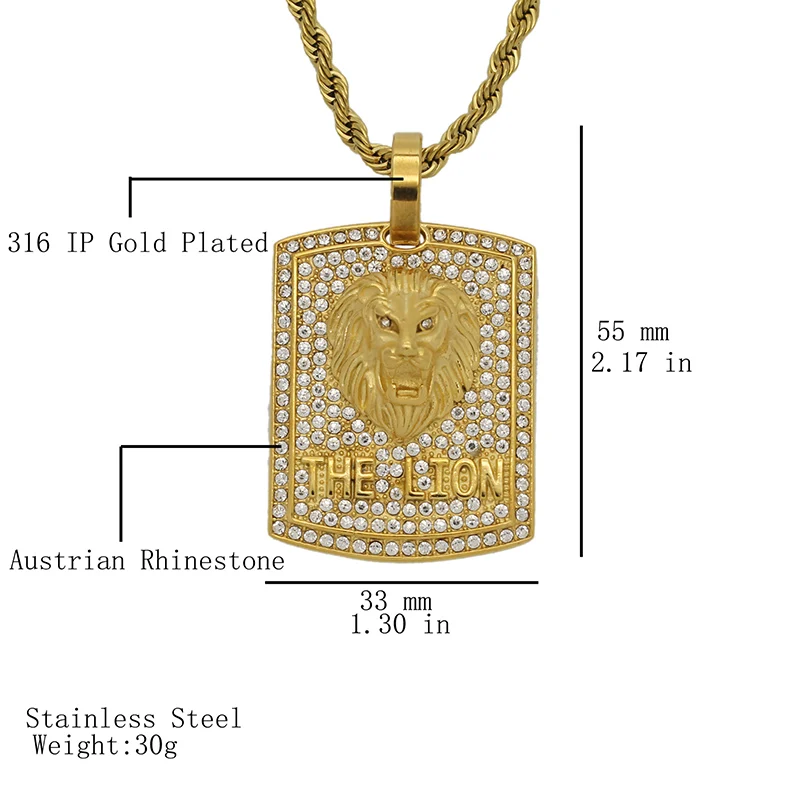 Подвески в стиле хип-хоп из нержавеющей стали золотого цвета с блестками и львом