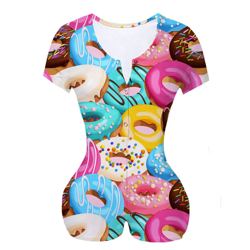 

Custom made Donuts Sublimation Print Pijama Women Summer Short Sleeves Onesie