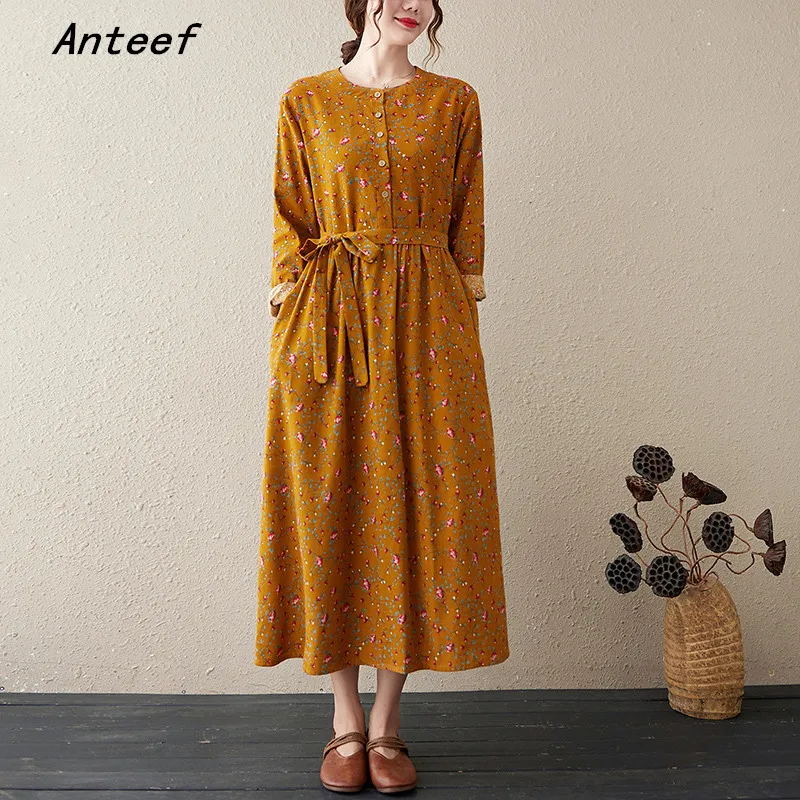

long sleeve cotton linen vintage floral dresses for women casual loose spring autumn dress elegant clothing 2022
