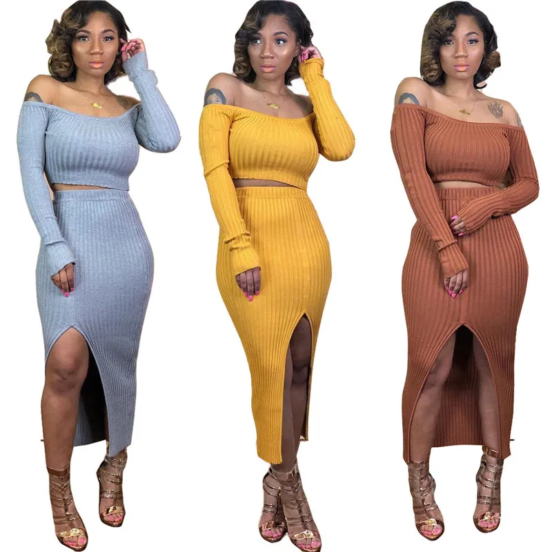 

Женский спортивный костюм из двух частей комплект Демисезонный костюмы Slash шеи длинный рукав короткий топ и юбка костюм однотонные трикота...