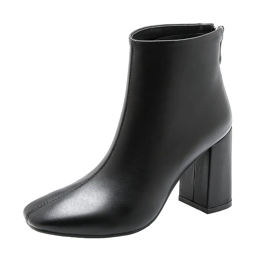 QUTAA PU Leather Ankle Boots Super Square High Heel Women Shoes Zipper Autumn Pointed Toe Motorcycle Casual Big Size 34-43