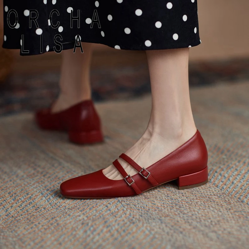 

ORCHALISA 2021 New Women Flat Shoes Square Toe 2.5cm Genuine Lether Buckle Classic Big Size 40 Office Casual Summer Red A3349