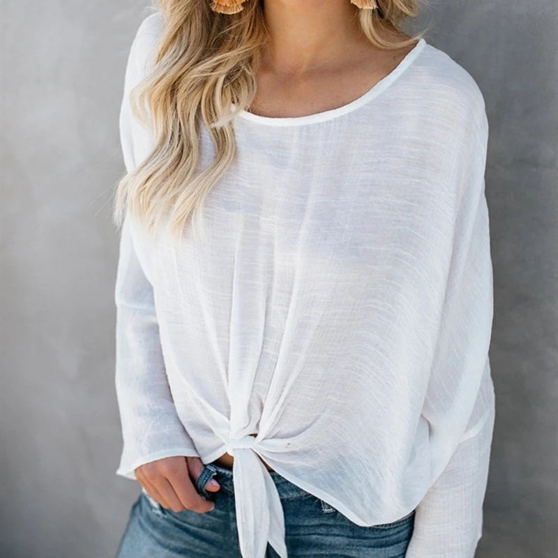 

Топ женский однотонный с узлом, пуловер с длинным рукавом и круглым вырезом, свободная рубашка с длинным рукавом, на шнуровке, на лето