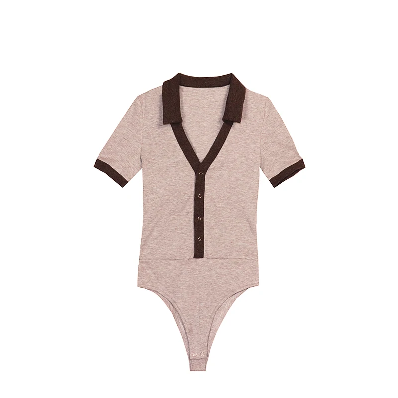 

Women's Polo Collar Bodysuit Sexy Female Short-Sleeved Blouse Jumpsuit Button Vintage V-Neck Playsuit