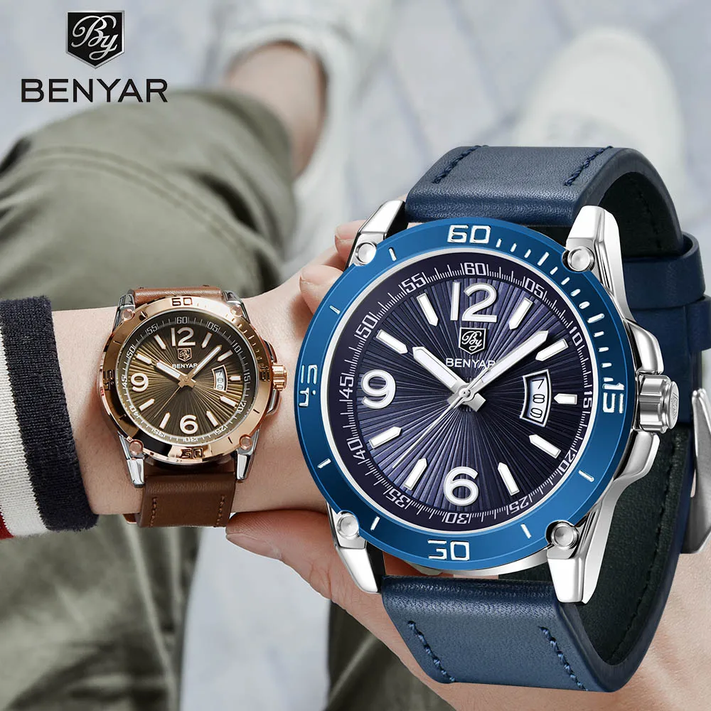 Watches Men 2021 BENYAR Top Brand Luxury Casual Leather Quartz Men's Watch Business Clock Male Sport Waterproof Date Chronograph