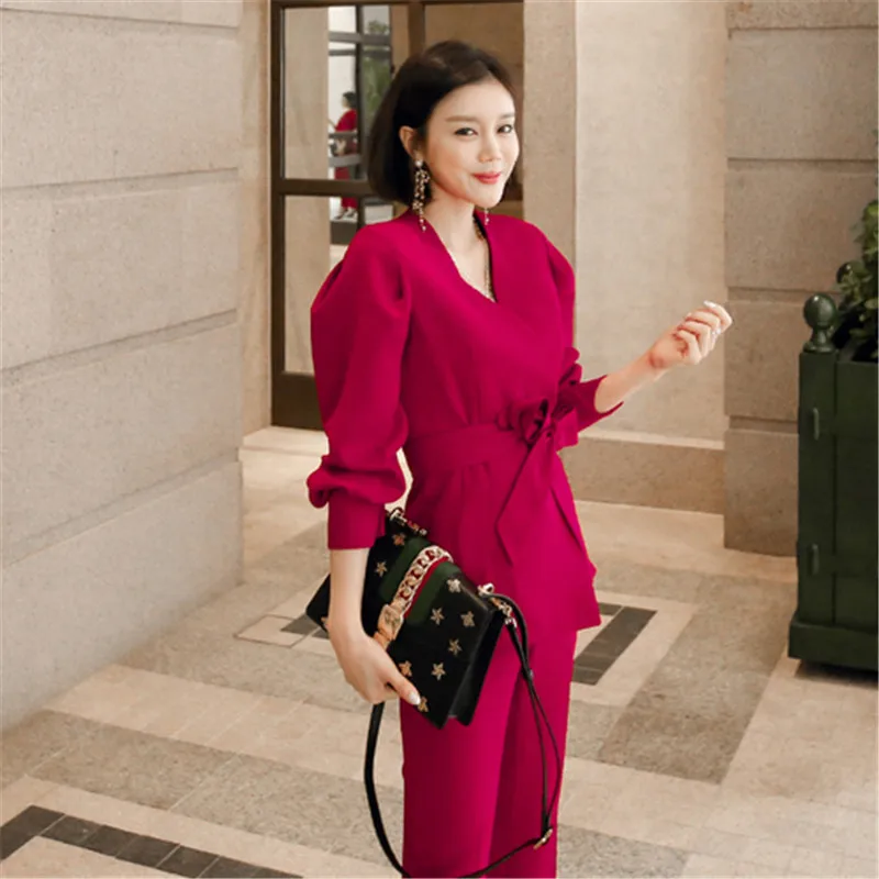 Fashion New Arrival Elegant Loose Red Sexy Jacket Long Pant 2 Pieces Set High Quality Work Style Autumn Office Women | Женская одежда