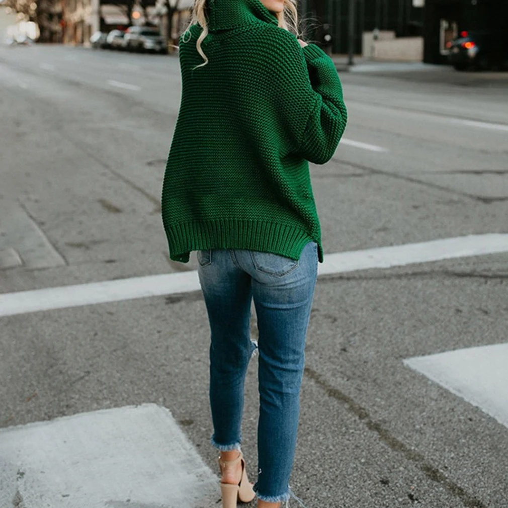 

Women Retro Turtleneck Knitted Long Pullovers Autumn Winter Casual Loose Solid Sweaters Thick Knitting Jumper Pull
