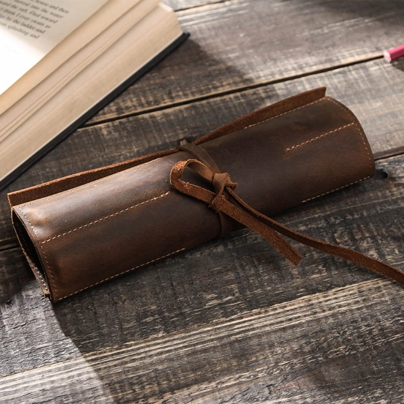 Retro Pencil Case Handmade Genuine Leather Roll Up Pen Curtain Bag Pouch Wrap Holder Stationery School Supplies 85DD