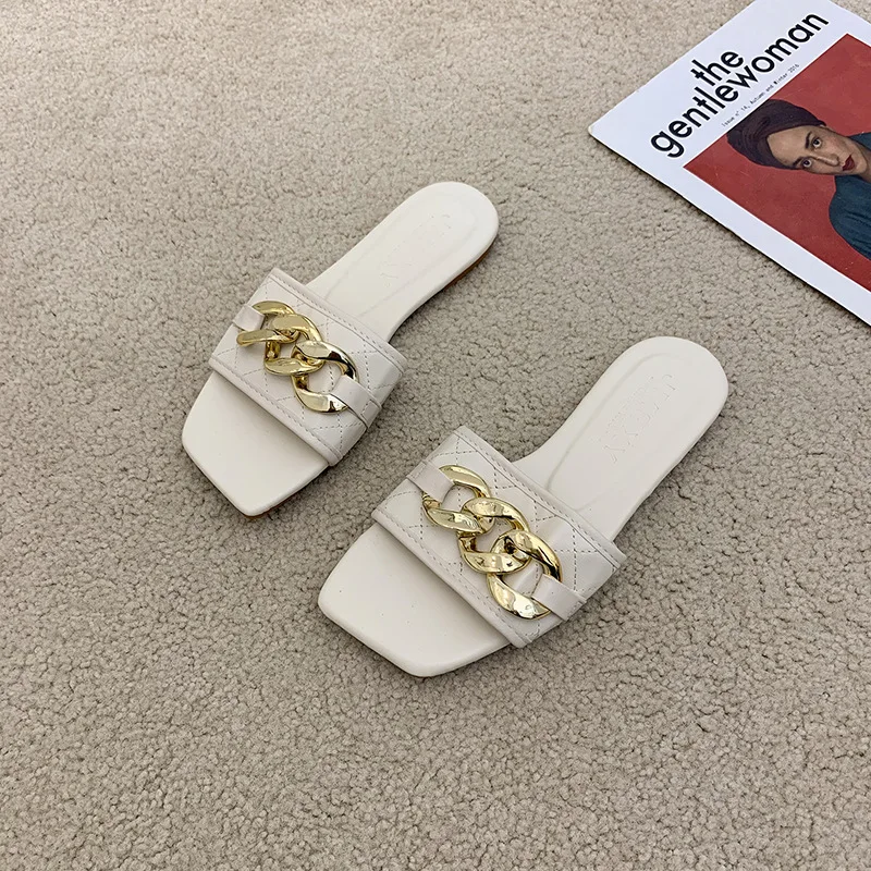 

Low Rivet Female Shoes Summer Clogs Woman Ladies' Slippers Square Toe Luxury Slides 2021 Beach Designer Flat Hoof Heels Metal De