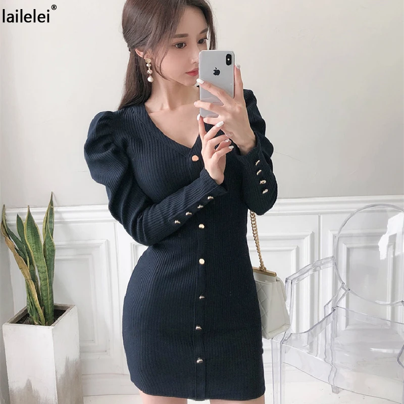 

Winter new style Korean temperament V-neck Slim single-breasted knit bag hip sexy bottoming skirt dress women