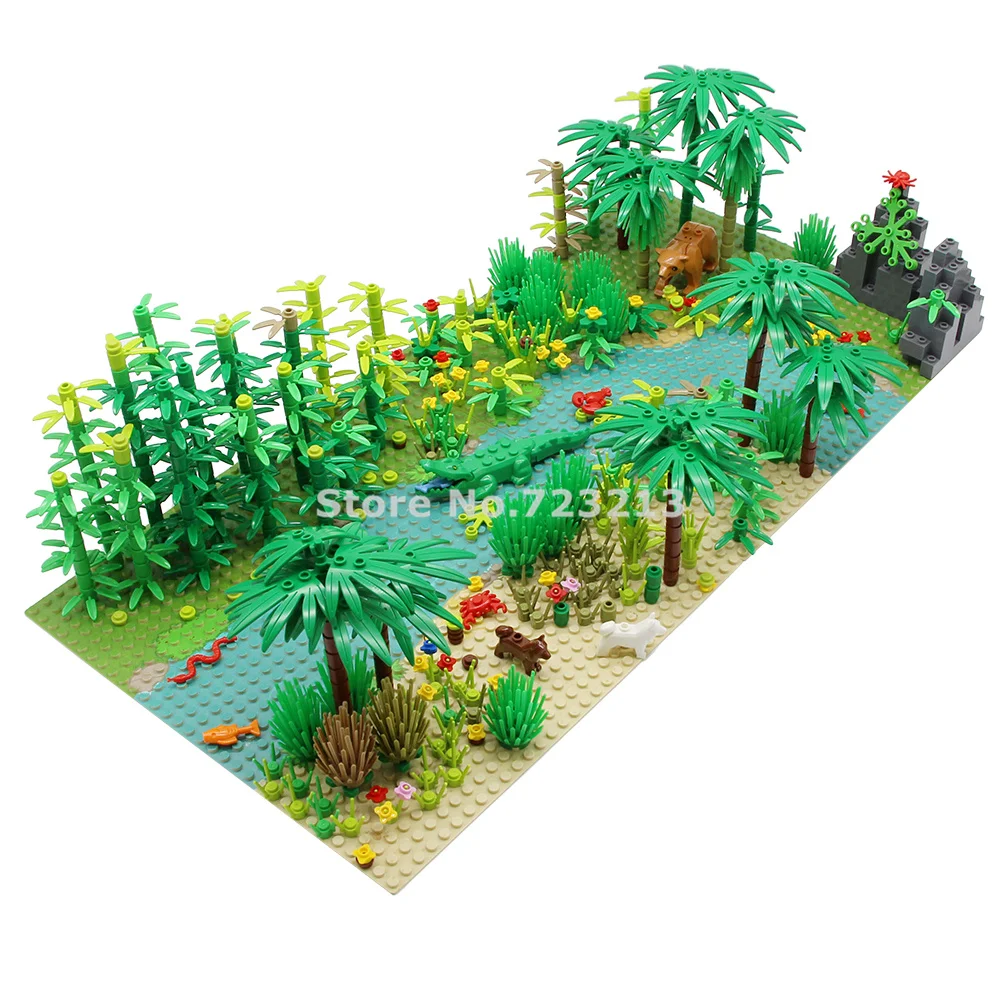 

32*64 Bricks Baseplate MOC Rain Forest Scene River Blocks Tropical Rainforest Plant Animal Building Block kit Model Toys