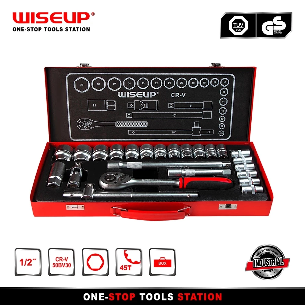 WISEUP 24PCS Crv Tool Set Manual Car Repair Kit Wrench Socket Kit Mechanical Tool Box Ratchet Wrench Multi-function Tool Box Kit
