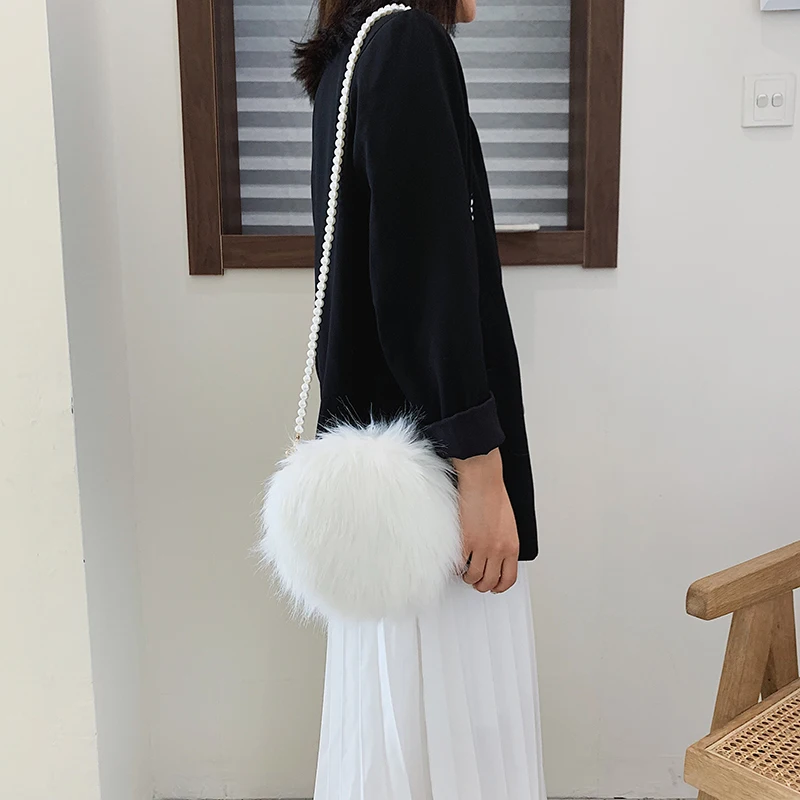 Дамская модная маленькая круглая сумка жемчужный дизайн из искусственного меха