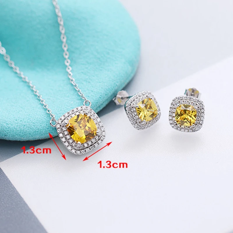 

DOYUBO Luxury Yellow Cubic Zircon Square Pendant Necklace & Stud Earrings Jewelry Sets Women's Pure Silver Fine Jewelry VA192
