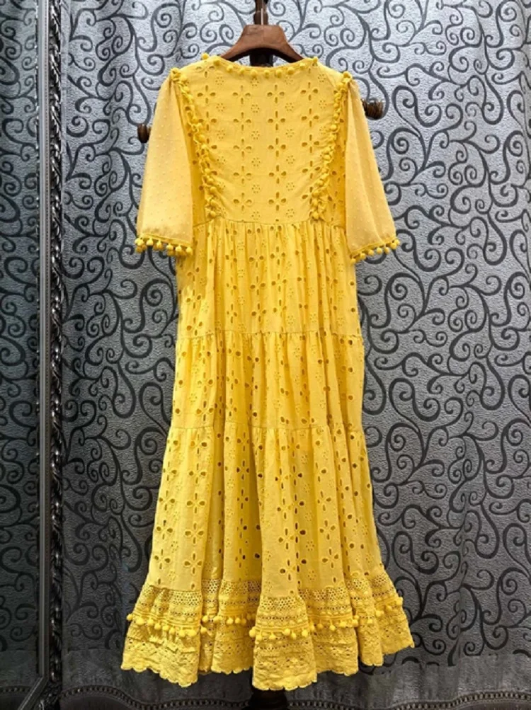 

Beach Dress Bohemian 2021 Summer Casual Women Hollow Out Embroidery Tassel Ball Deco Short Sleeve Big Swing White Yellow Dress