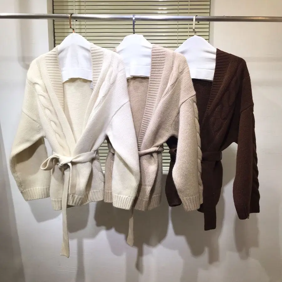 

2020 Women Long Cashmere Cardigan V-neck Open Stitch Belt Loose Knitting Runway Elegant Sweater Coat Female