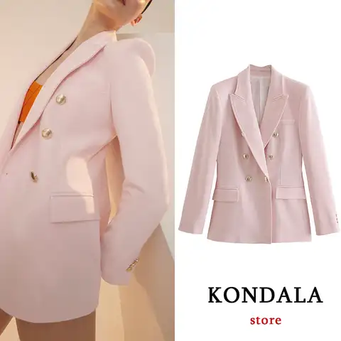 Блейзер KONDALA женский в стиле оверсайз, шикарный розовый офисный двубортный длинный пиджак с карманами, элегантный однотонный пиджак с V-обра...
