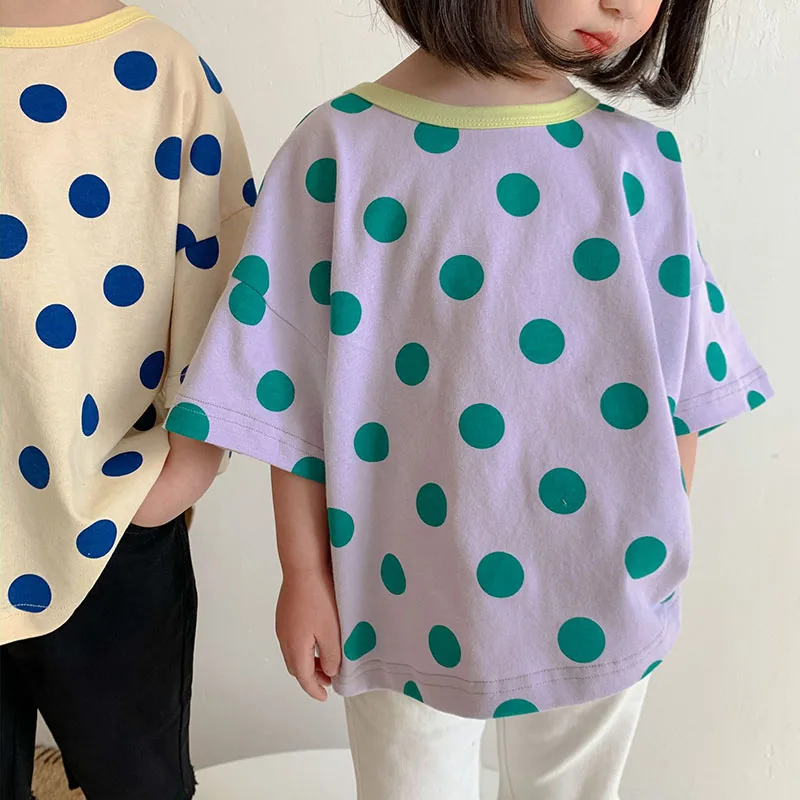 MILANCEL 2021 Summer New Kids T-shirt Polka Dot O-neck Children Tees Cotton Casual Clothes for Brother and Sister | Мать и ребенок