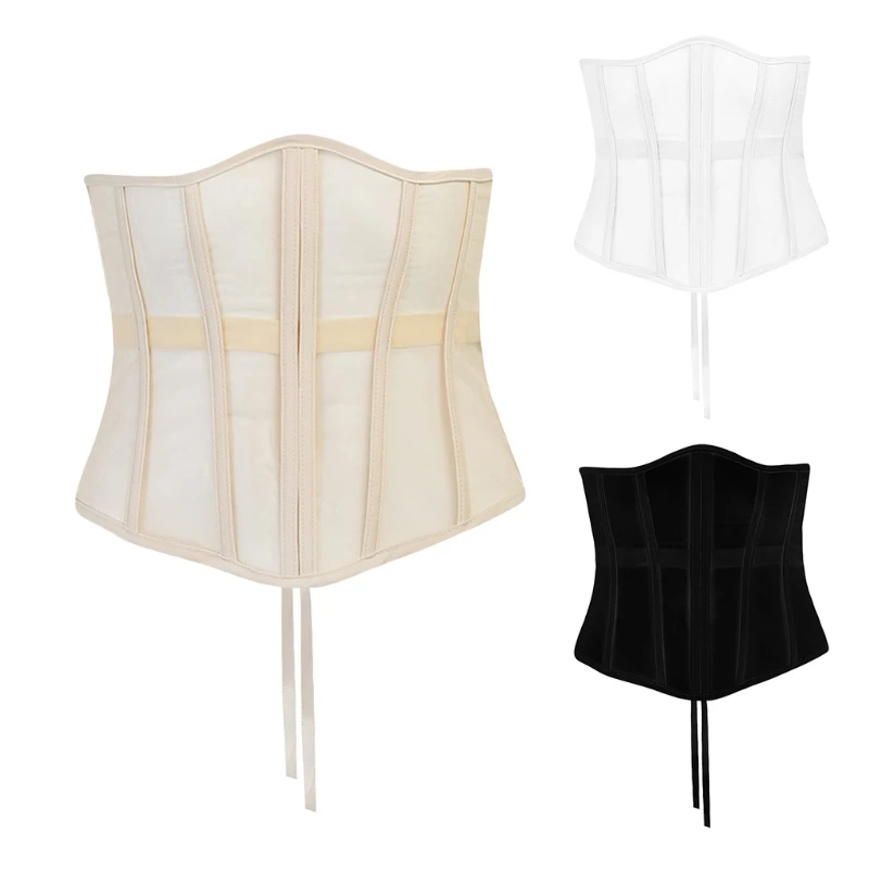 

Women Sexy See-Through Mesh Underbust Corset Top Crisscross Lace-Up Bandage Bustier Slimming Waist Belt Cincher Body Shaper Club