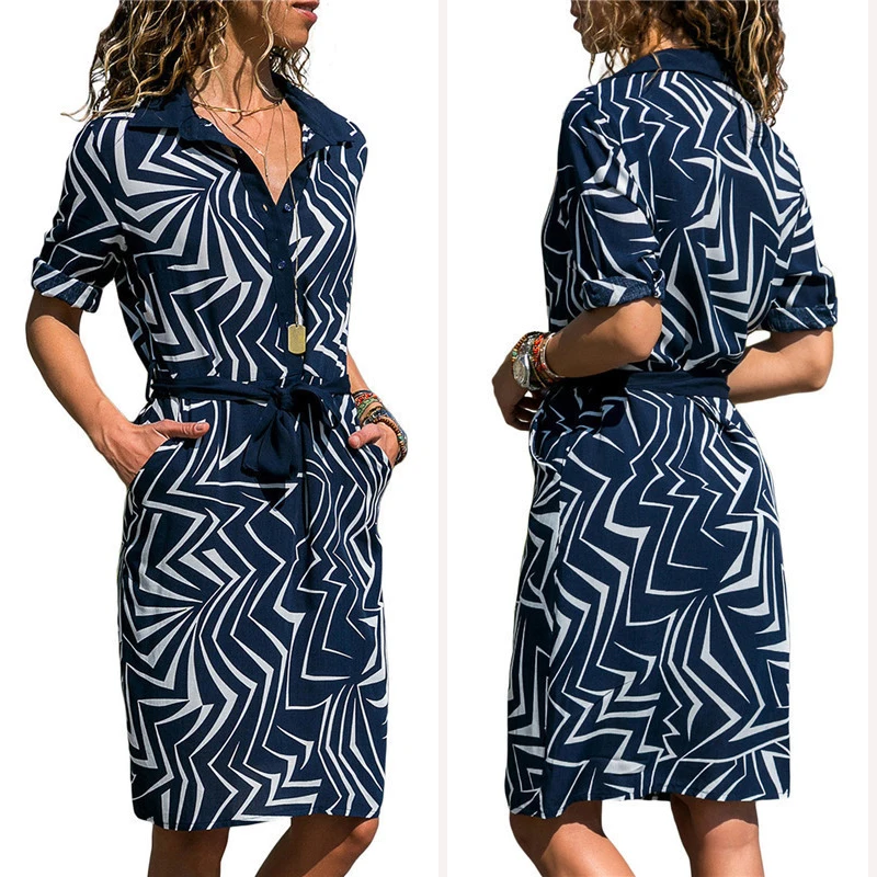 

Summer Dress Women Striped Print Lace Up Chiffon Dress Knee Length Plus Size Dress Long Sleeve Shirt Dress Boho Casual Vestidos