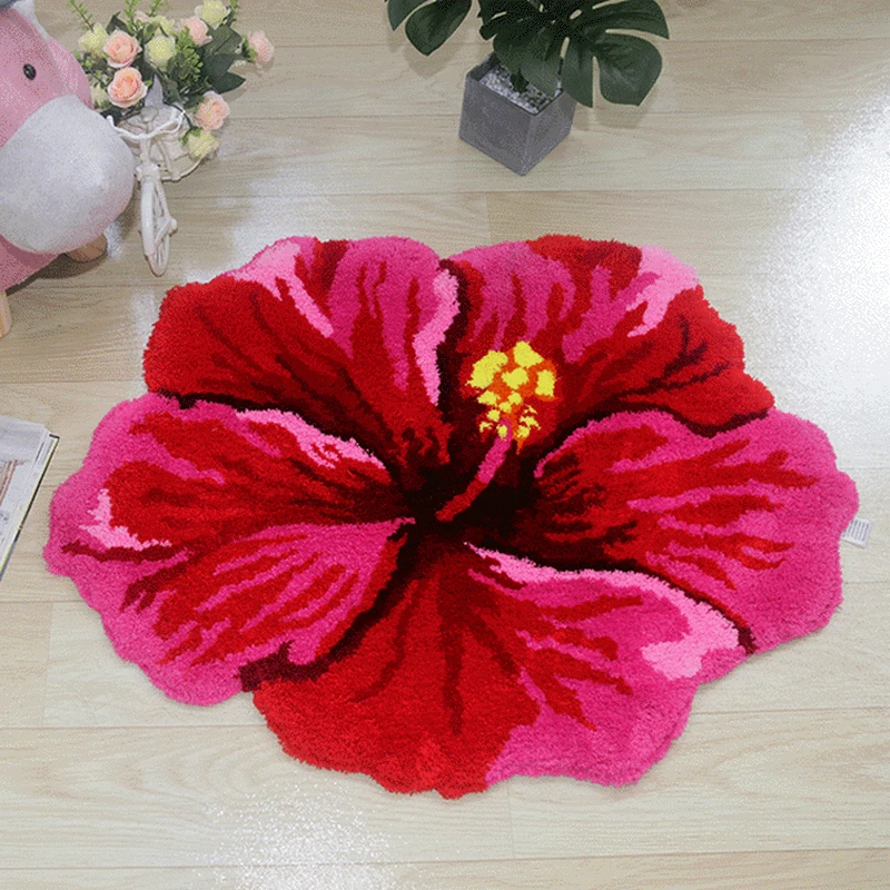 red hibiscus flower flocking rug bathroom bath mat non slip carpet 80x60cm bedroom living room flower shaggy floor pad doormat free global shipping