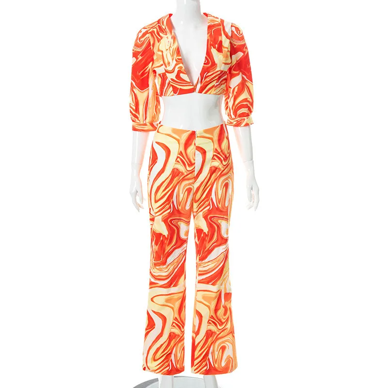 

Ahagaga 2021 Summer 2 Pieces Print Women Matching Set Women Short Coat + Long Pants Casual Regular Streetwear Female Tracksuits