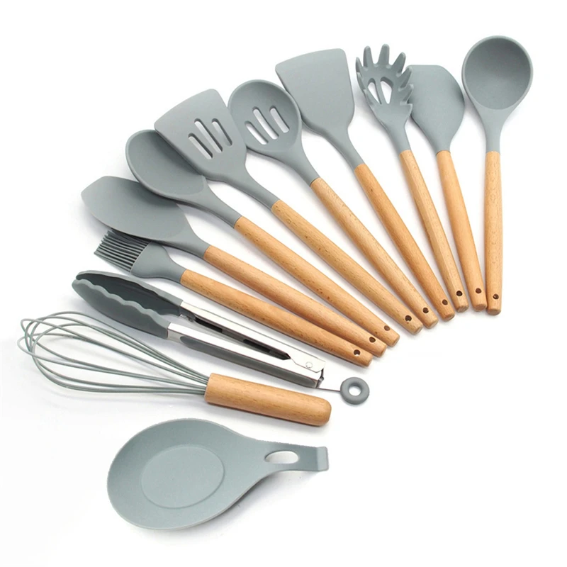 12-Pcs kitchen set Силиконовые набор для кухни 11/12/13 шт, кухонный набор,набор кухонных принадлежностей, антипригарным,деревянной с лопатки, ложка,половник,Кухня инструменты,кухонная утва,серый,кухонные принадлежности из силикона - Цвет: 12-Pcs kitchen set