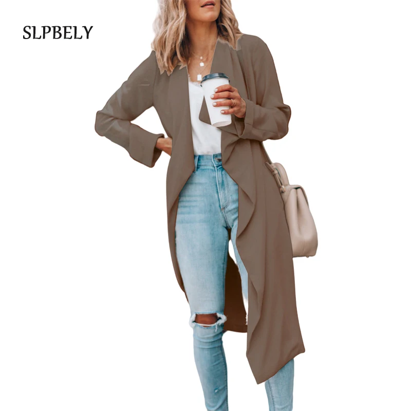 

SLPBELY Women Coats Windbreaker 2021 Spring Autumn Casual Solid Color Lapel Ladies Trench Coat Femme Long Outerwear Overcoat