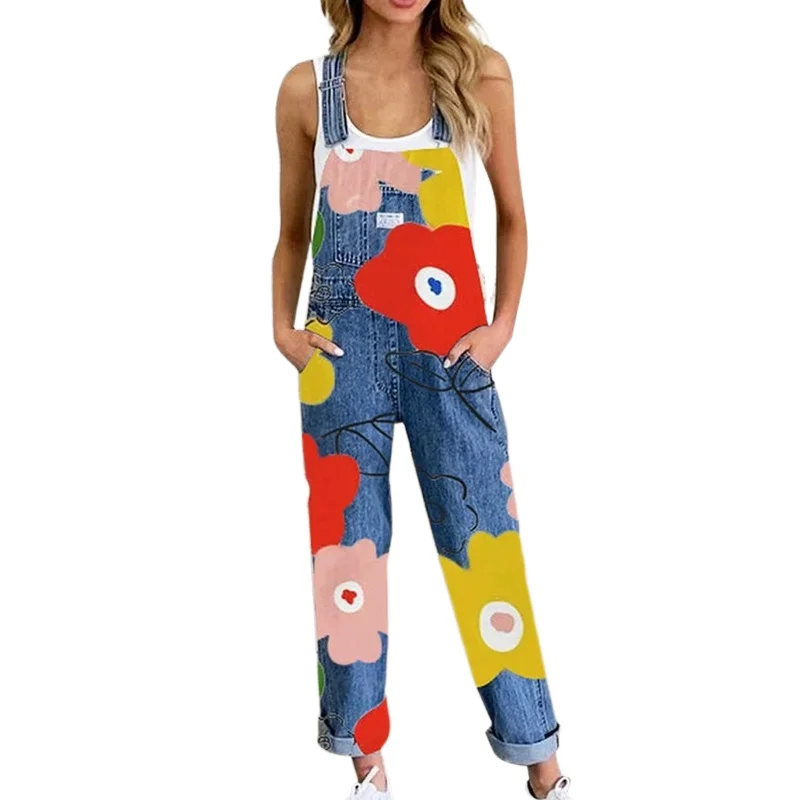 

Lugentolo Jeans Overalls Women Summer Fashion Flower Print Straight Cargo Pants Women Plus Size Jeans for Women