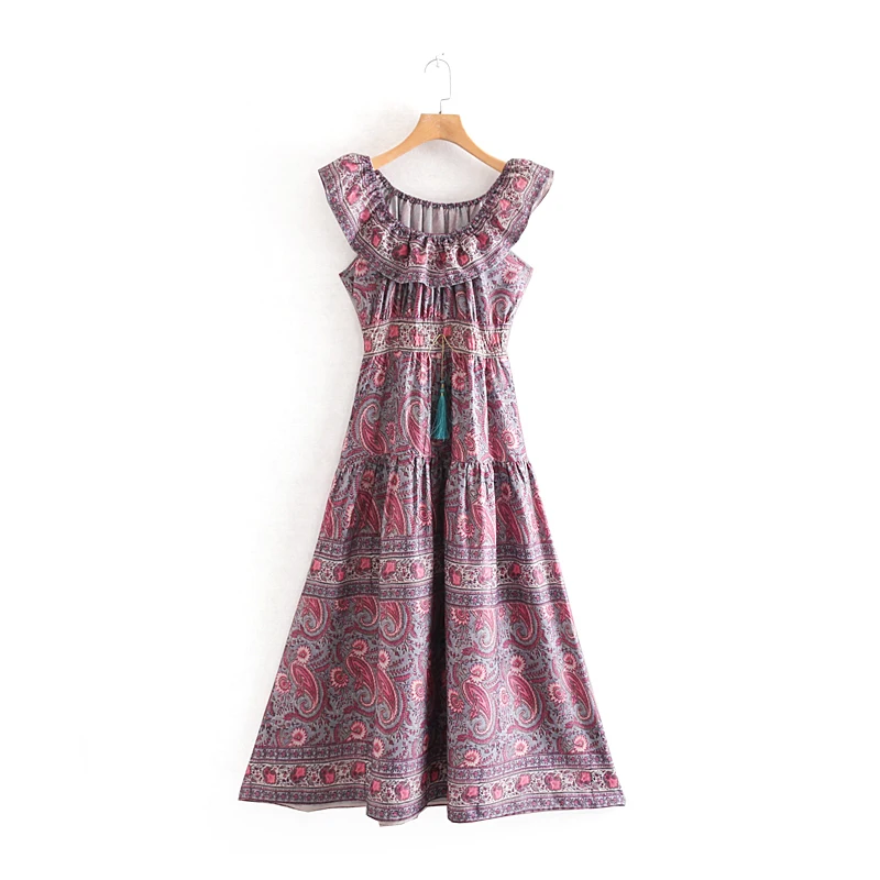 Everkaki Boho печати с открытыми плечами женское Макси платье с кисточками регулируемый пояс оборки цыганские летние платья женские осень