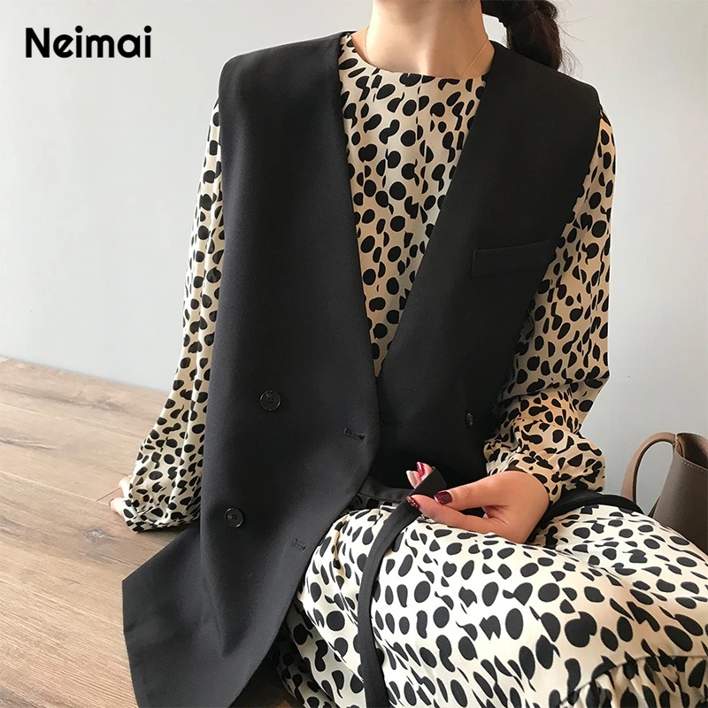 Autumn 2019 New Office Lady Casual Vest Women Broadcloth Cotton V Neck Elegant Double Breasted Sleeveless Blazer Solid Waistcoat | Женская
