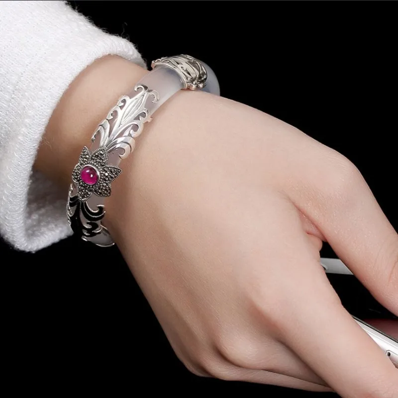 Женский винтажный браслет из серебра 925 пробы с халцедоном|Гибкие и жесткие