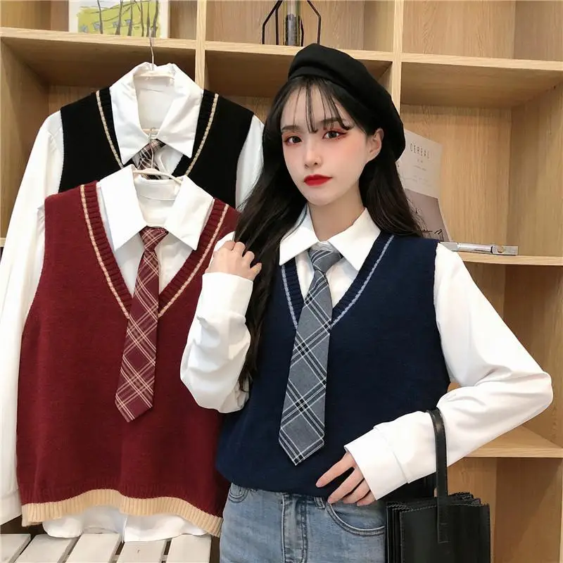 

Spring Autumn College Style Knitted Sweater Vest Female Student Korean Style Loose Sweater Pullovers