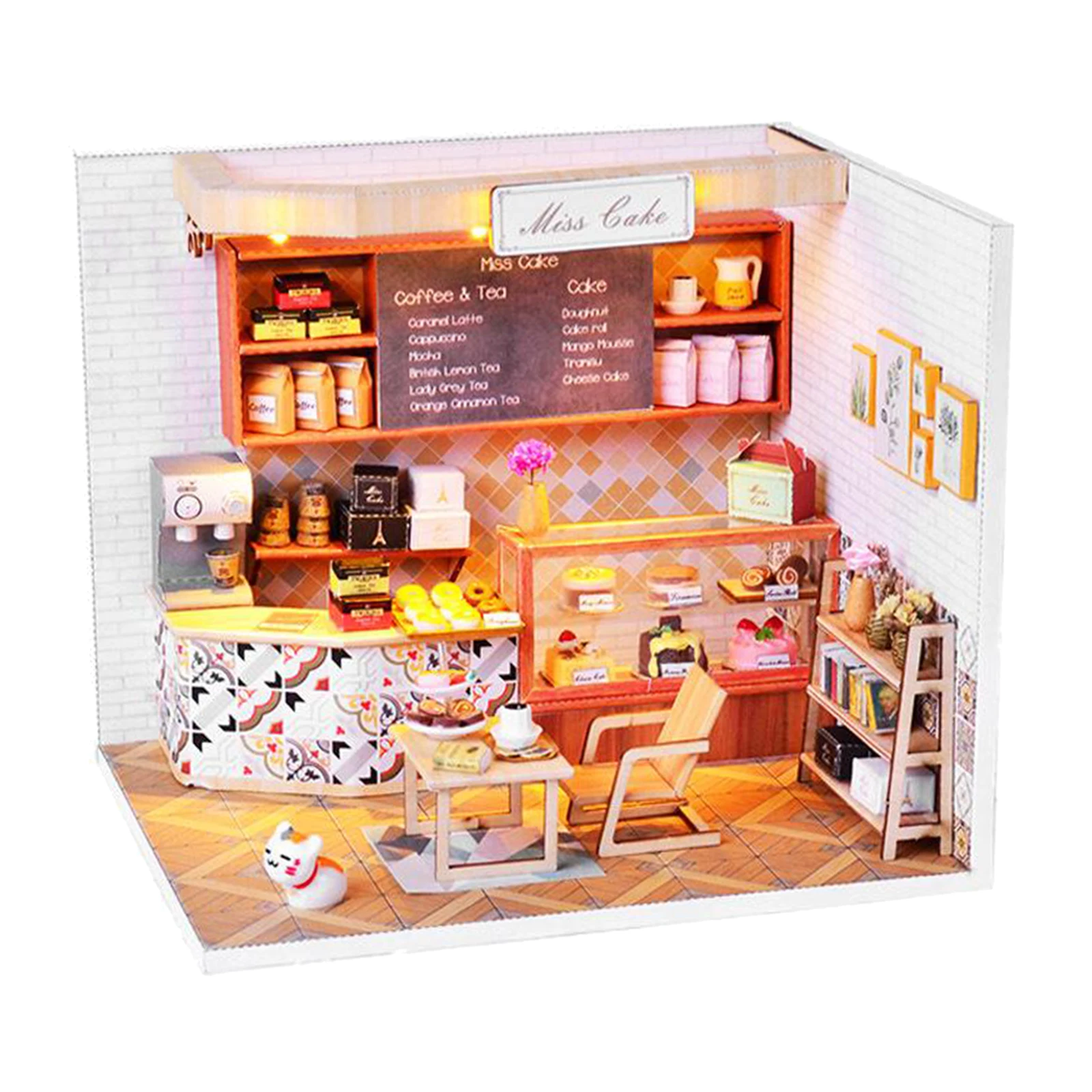 

Miniature 3D Dollhouse Kits Mini Handcrafted Furniture Set Wooden Cafe House Light Up Creative Dolls House Building Kits Model