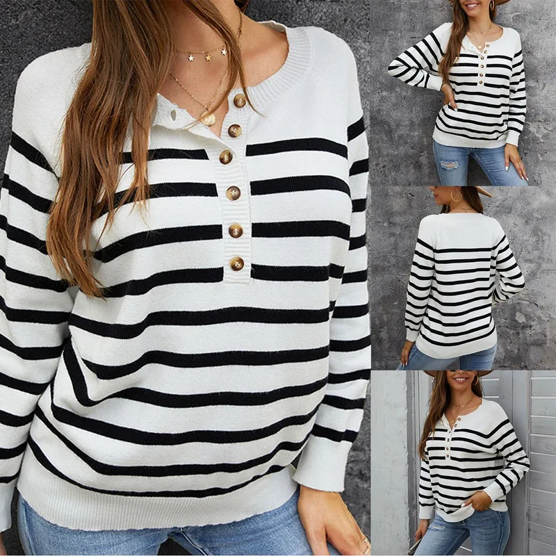 

Women's Sweaters Casual Long Sleeve Button Down Crew Neck Ruffle Knit Pullover Sweater Solid Color Striped Tops