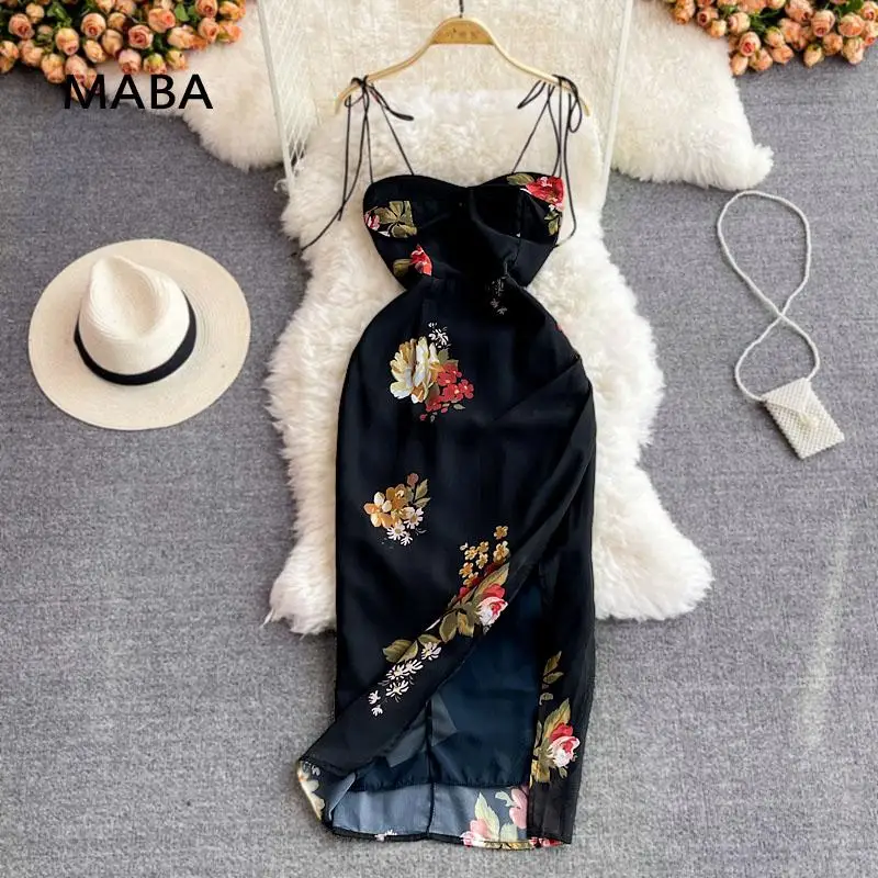 

New Women Spaghetti Strap Dress Summer Off Shoulder Floral Strapless Side Slit Leg Dress Sexy Party Bag Hip Bodycon Dress Robe