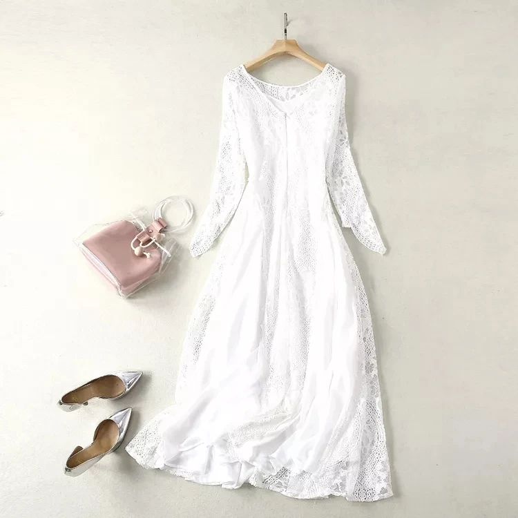 

High Quality Brand Lace Long Dress 2021 Spring Summer Woman O-Neck Silk Chiffon Patchork Long Sleeve White Lace Maxi Dress Club