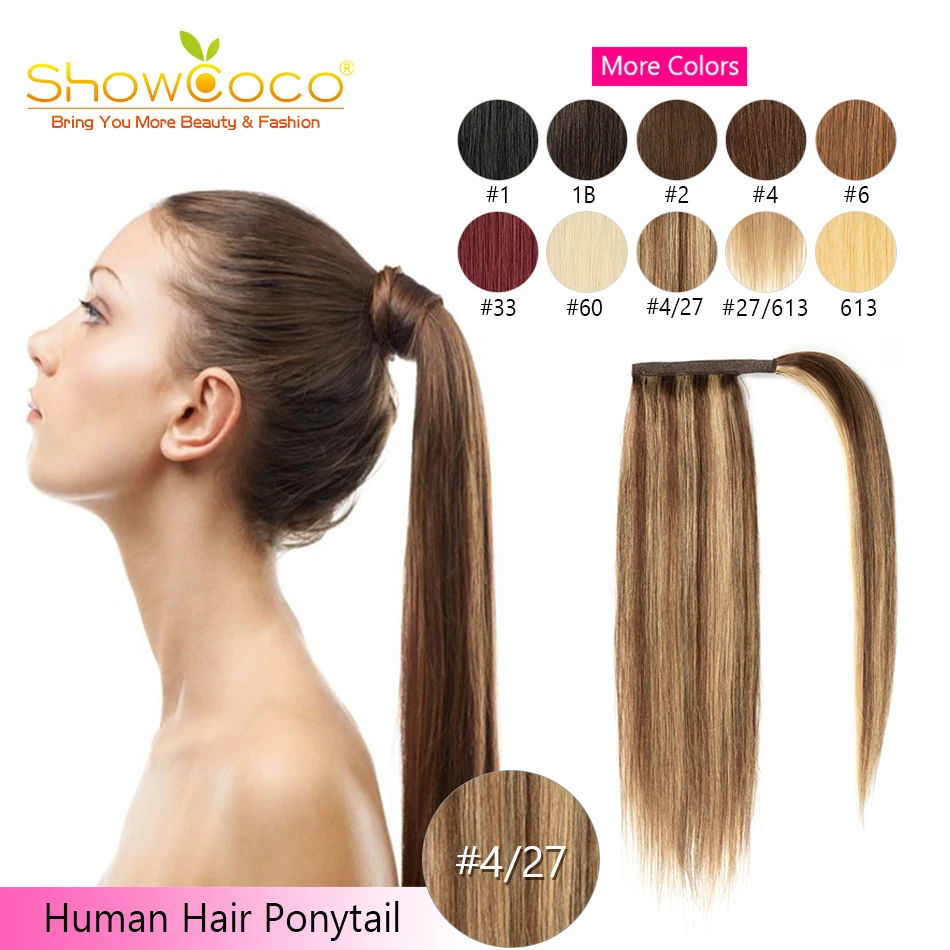 Showcoco-Clip de cola de caballo a la moda, máquina de cabello humano Remy envolvente, extensiones sedosas, 100% cabello humano liso de 16 