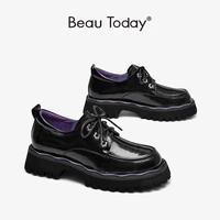 beautoday platform shoes women cow leather metal flower eyelets round toe lace up chunky sole ladies flat shoes handmade 21872