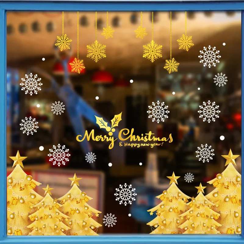 

2021 new non adhesive static Christmas decoration sticker golden Christmas tree wall sticker Christmas mall window decoration
