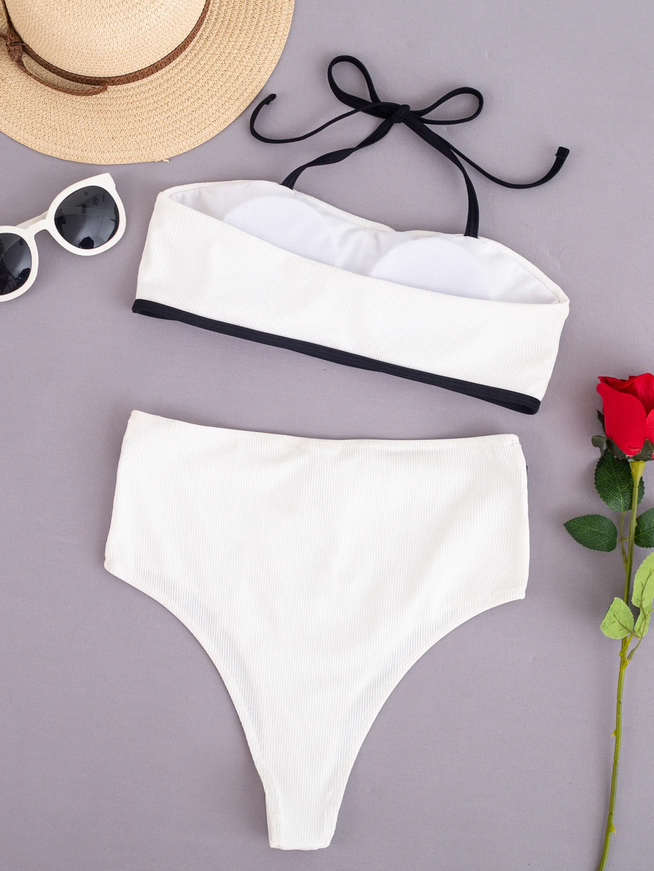 

Summer Women Two-piece Halter Bikini Set with Color Block Adjustable Straps High Waist Design Beach Swimsuit
