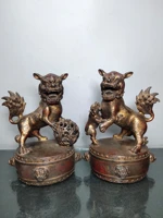 14chinese folk collection old bronze cinnabar lacquer lion statue a pair drum lion gatekeeper lion office ornaments town house