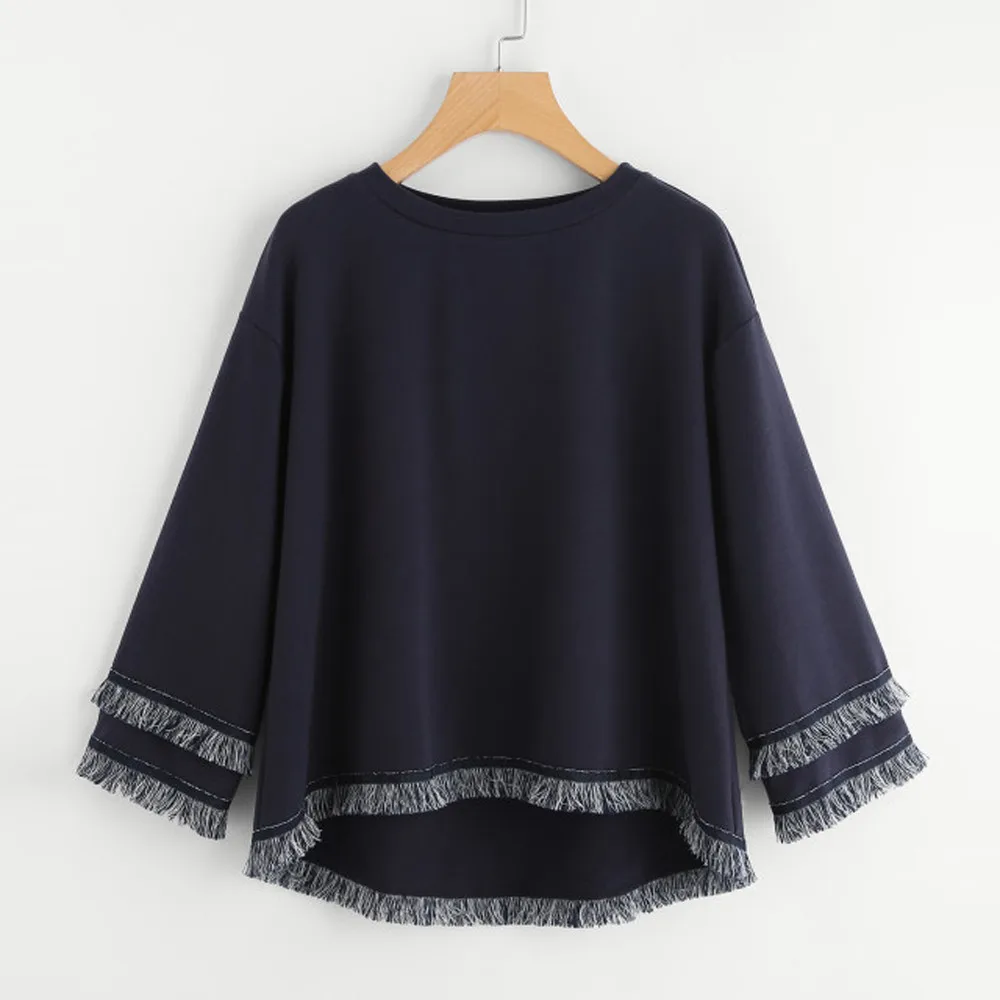 Для женщин рубашки на весну с длинным рукавом многослойное украшенные бахромой и