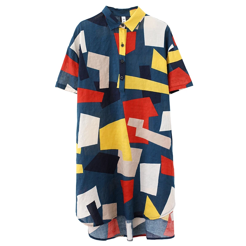 

2020 Summer New Artistic Cotton and Linen Shirt Dress Loose Slimming Geometric Printed Mid-Length Large Size Shirt