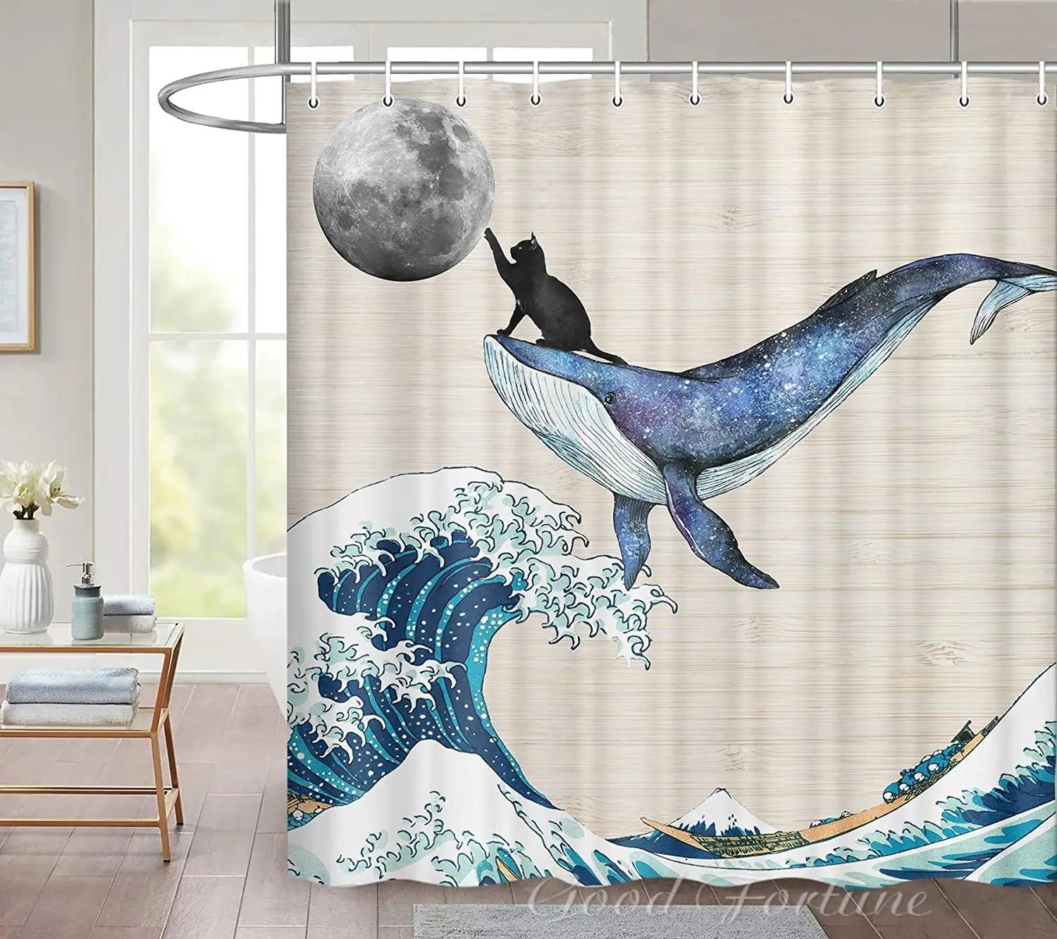 

Funny Shower Curtain Cute Cat Riding Whale In Great Ocean Wave Touch The Moon Creative Art Bathroom Decor Waterproof Fabric